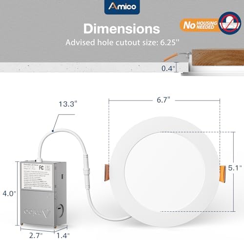 Amico 12 Pack 6 Inch 5CCT Ultra-Thin LED Recessed Ceiling Light with Junction Box, 1050LM Brightness, Dimmable Canless Wafer Downlight, 12W, ETL&FCC