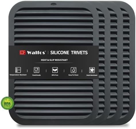 Walfos Silicone Trivets for Hot Pots and Pans - 446°F Heat Resistant Hot Pads for Kitchen Counter- 4 Pcs Multi-Purpose & Versatile Trivet Mat - Long-Lasting & Flexible Silicone Hot Pad(Black)