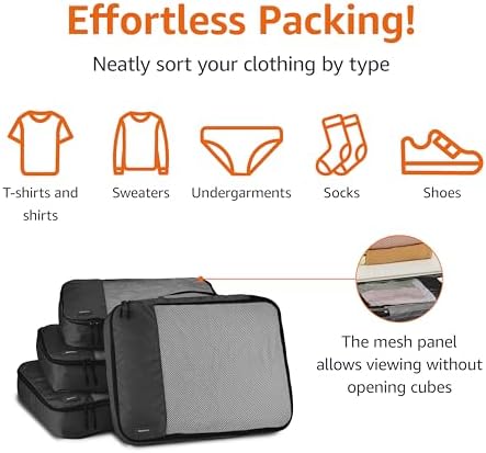 Amazon Basics Large Packing Cubes for Travel, Packing Organizers, 4-Piece-Set With Double Zipper Pulls and Mesh Top Panel, 100% Durable Polyester, Black, 17.5"L x 12.8"W x 3.3"H