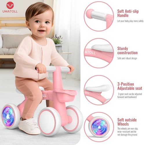 Umatoll Colorful Lighting Baby Balance Bike Toys for 1 Year Old Girls Gifts, Adjustable Seat, 1st Birthday Gifts, 12-24 Months Toddler Bike, Pink