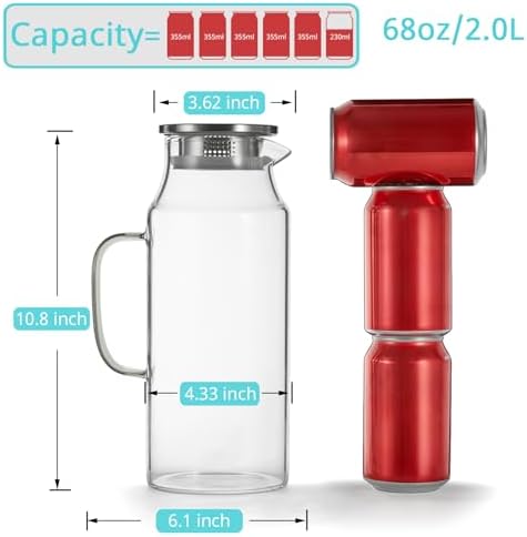 2 Liter 68 oz Glass Pitcher with Lid and Spout, Bivvclaz Glass Carafe for Hot/Cold Water, Large Iced Tea Pitcher for Coffee, Juice and Homemade Beverage