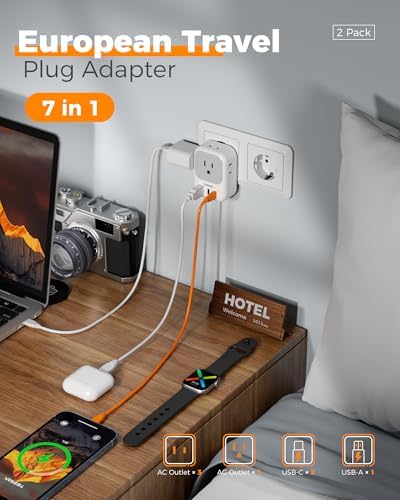 2 Pack European Travel Plug Adapter, TESSAN US to Europe Plug Adapter with 4 Electrical Outlets 3 USB Ports (2 USB C), Type C Power Adaptor for EU International Italy Iceland Spain France Germany