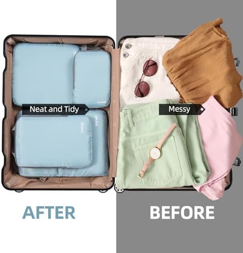 BAGAIL 4 Set/6 Set/8 Set Compression Packing Cubes Travel Accessories Expandable Packing Organizers (Cloth Pattern, 4-Dusty Blue)