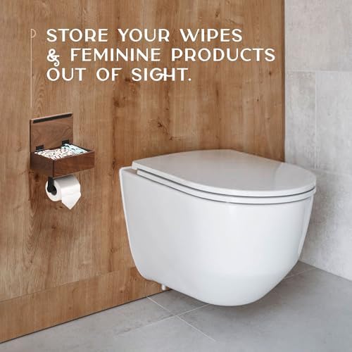Day Moon™ Wood Toilet Paper Holder with Shelf, Wipe Holder for Bathroom, Flushable Wipes Dispenser, Toilet Paper and Wipes Holder - Toilet Paper Holder with Storage, Toilet Paper Holder Wall Mount