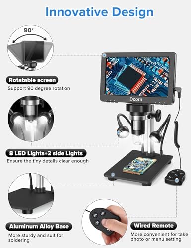 7'' Digital Microscope 1200X, 12MP 1080P Photo/Video Microscope for Adults Soldering Coins,Metal Stand,Wired Remote,10 LED Fill Lights,PC View,Windows/Mac - Black