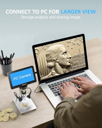 7'' Digital Microscope 1200X,Dcorn 12MP 1080P Photo/Video Microscope for Adults Soldering Coins,Metal Stand,Wired Remote,10 LED Fill Lights,PC View,Windows/Mac Compatible