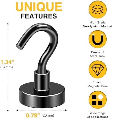 DIYMAG Black Magnetic Hooks, 50 LB Heavy Duty Magnet with Hooks, 20 Packs Strong Rare Earth Neodymium Magnet Hooks for Hanging, Magnetic Hanger for Curtain, Home, Kitchen, Workplace