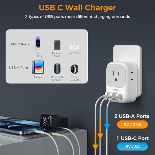 Italy Travel Plug Adapter, TESSAN Type L Adapter for Travel with 4 Outlets 3 USB Ports (1 USB-C), Power Adaptor for US to Italy Chile Rome Uruguay Milan Libya