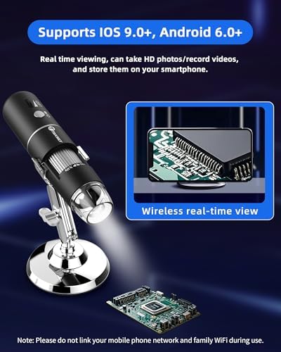 T TAKMLY Wireless Digital Microscope Handheld USB HD Inspection Camera Magnifying Glass with Light, 50x-1000x Magnification with Stand Compatible with iPhone, iPad, Samsung Galaxy, Android, PC