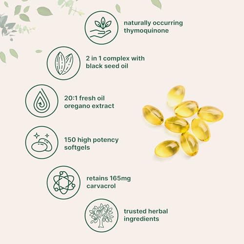 Micro Ingredients Oil of Oregano Softgels Per Serving, 150 Count | 2 in 1 Formulated with Black Seed Oil, 4X Strength Carvacrol & Thymoquinone | Plant Based, Non-GMO & Immune Support