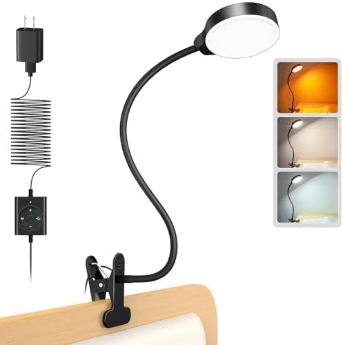 Glocusent 5W Clip on Light, 36LED Eye Caring Reading Light for Bed, 3 Colors & 5 Brightness Clip on Lamp with Adapter, Perfect Reading Light for Bed with Clamp/Bunk Bed/Headboard/Table/Desk