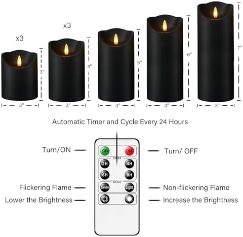 Flameless Candles with Remote, Battery Operated Flickering Flameless Candles, LED Candles with Timer 2/4/6/8H, with Realistic LED Candles Set of 9 (D3 x H 3" 4" 5" 6" 7") (Black)