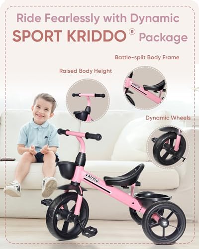KRIDDO Kids Tricycles Age 24 Month to 4 Years, Toddler Kids Trike for 2.5 to 5 Year Old, Gift Toddler Tricycles for 2-4 Year Olds, Trikes for Toddlers, Sporty Styling, Pink