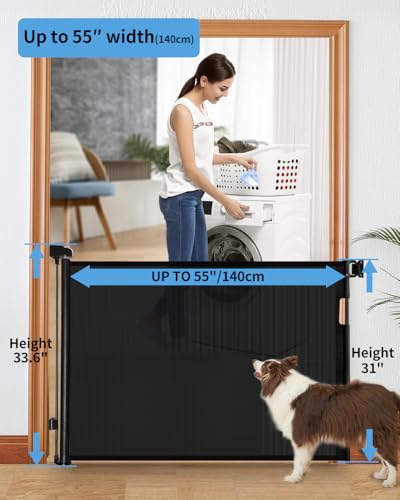 Retractable Baby Gate for Doorways and Stairs, Mesh Safety Gate for Pet, Indoor & Outdoor Use, One-Hand Operation, Easy Installation, 33.6" Tall, Expands to 55" Wide(Black,33.6"x55")