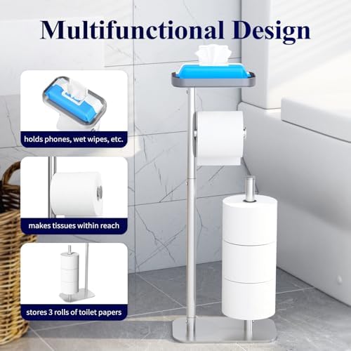 Kitsure Toilet Paper Holder Free Standing – Rustproof Metal Toilet Paper Stand for 4 Rolls with Anti-Slip Base and Shelf for Phone & Small Items, Bathroom Organizers and Storage, Large, Silver