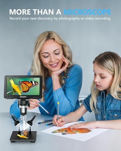 7'' Digital Microscope 1200X, 12MP 1080P Photo/Video Microscope for Adults Soldering Coins,Metal Stand,Wired Remote,10 LED Fill Lights,PC View,Windows/Mac - Black