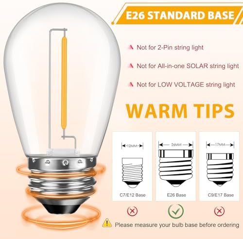 24 Pack LED S14 Replacement Light Bulbs, Waterproof 1W Vintage Edison Bulbs for Outdoor Patio Backyard String Lights, Dimmable, E26 Regular Medium Screw Base, 2200K Warm White