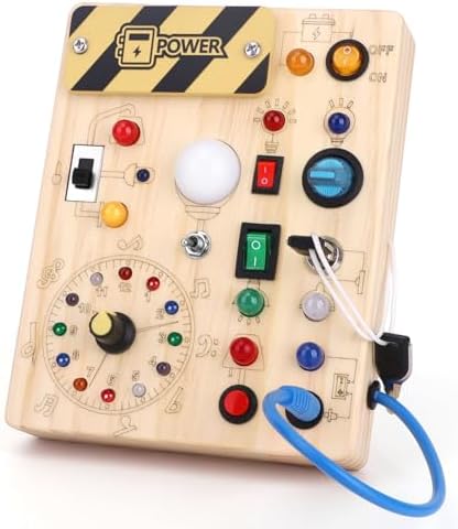 Montessori Toys Clock Wooden Busy Board with 11 LED Light switches, Tooddler Sensory Travel Toys for 1+ Year Old Baby and Toddler