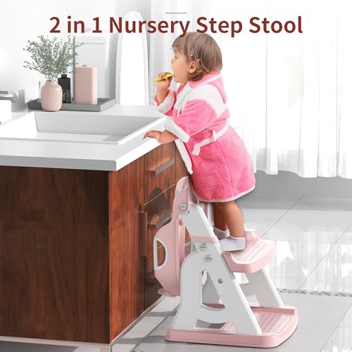 Potty Training Seat, Upgrade 2 in 1 Potty Training Toilet for Toddler, Toddler Toilet Seat for Boys Girls with Splash Guard, Anti-Slip Pad and Step Stool (Pink)