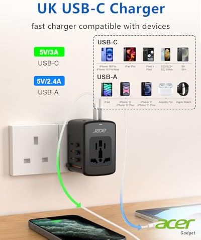 Acer Universal Travel Plug Adapter - International Power Adapter with 5 USB Ports (3 USB C) 5.8A, Worldwide Outlet Charger for USA to European UK France Germany Spain, Type C/E/F/G/I/L/A, Black
