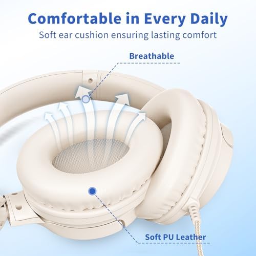 Headphones Wired with Microphone, Over Ear Foldable 3.5mm Plug in Headphones Corded with 4.9ft Tangle-Free Nylon Cord for Tablet, Laptop, MP3/4, School, Airplane Travel (Beige)