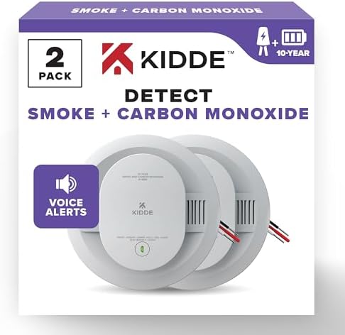 Kidde Hardwired Smoke & Carbon Monoxide Detector, 10-Year Battery Backup, Voice Alerts, Interconnectable LED Warning Light Indicators, 2 Pack