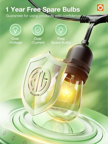 addlon 48 FT Outdoor String Lights Commercial Grade Weatherproof Strand, 18 Edison Vintage Bulbs, 15 Hanging Sockets (3 Spare Bulbs), ETL Listed Heavy-Duty Decorative Christmas Lights for Patio Garden