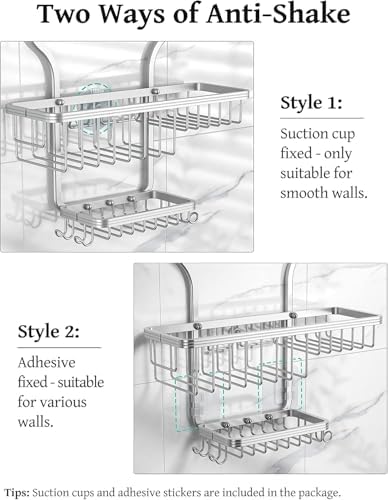 YASONIC Shower Caddy Hanging - Never Rust Shower Organizer - Aluminum Over The Head Caddy with 10 Hooks for Razor/Sponge - Rack with Soap Basket - Silver