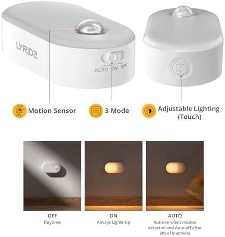 Lyridz Rechargeable Battery Night Light with Motion Sensor, Portable Mini Warm White LED Stick-on Closet Light, Adjustable Brightness for Bathroom, Bedroom, Kitchen, Cabinet, Stairs, Hallway, 2-Pack