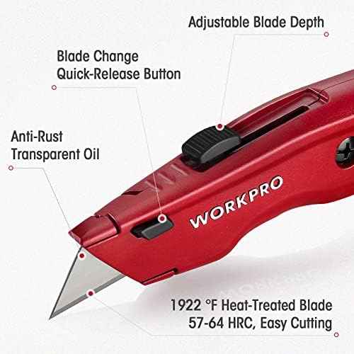 WORKPRO Premium Utility Knife, Retractable All Metal Heavy Duty Box Cutter, Quick Change Blade Razor Knife, 3PCS with 10 Extra Blades