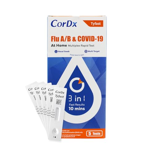 CorDx TyFast 10 Mins Flu A/B & Covid 19 Multiplex Rapid Test, Results in 10 Minutes—Precision Skip The 15 Wait, EUA Authorized, at Home 3 in 1 Combo Kit, 5 Tests, Use-Friendly & No Discomfort