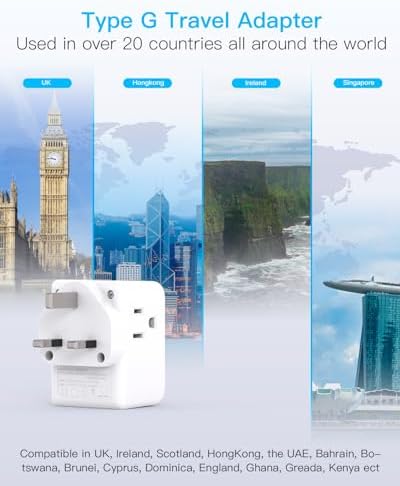 2 Pack US to UK Ireland Travel Plug Adapter, Type G Power Plug Adapter with 3 Outlets 3 USB Ports(2 USB C), European Travel Plug Adapter for USA to England London Scotland British Qatar Irish HongKong