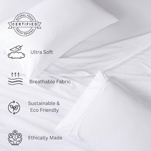 LANE LINEN Eco Friendly 100% Organic Cotton Queen Sheet Set, Soft & Comfy Fully Elasticized 15" Deep Pocket Bed Sheets, Low Pill Naturally Cooling Machine Wash Sábanas Queen- White Bed Sheets
