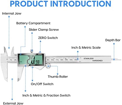 Digital Caliper, 6 Inch Caliper Tool with Extra Large LCD Screen, Auto-Off Feature, Easy Switch from Inch Metric Fraction, Stainless Steel Vernier Caliper Measuring Tool for DIY/Household
