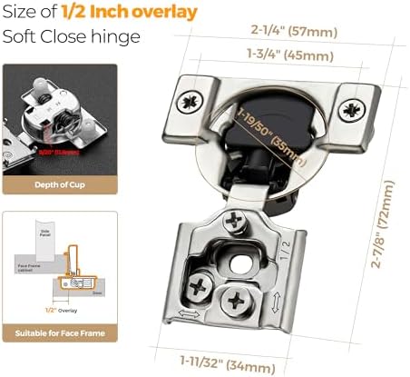 Ravinte 60 Pack (30 Pairs) 1/2 Inch Overlay Soft Close Hinges for Kitchen Cabinets - Satin Nickel Hidden Concealed Hinge, Stainless Steel, Self Closing