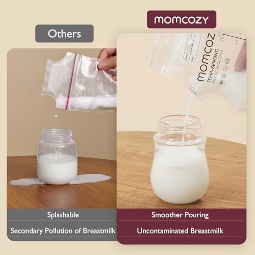 Momcozy Easy Pour Breastmilk Storage Bag, 8Oz, Temp-Sensing Color Change, 120 Count Milk Bag with Self Standing for Breastfeeding, No Leak Presterilized for Freezer, Recyclable & BPA Free