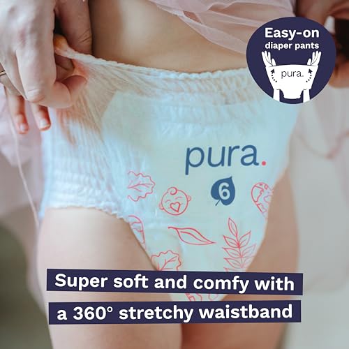 Pura Hypoallergenic Diaper Pants Size 5 (27-38 lbs) Overnight, up to 12 Hours Leak Protection, Suitable for Sensitive Skin, Totally Chlorine Free, Soft Organic Cotton, 3 packs of 19 (57 Pull Up Pants)