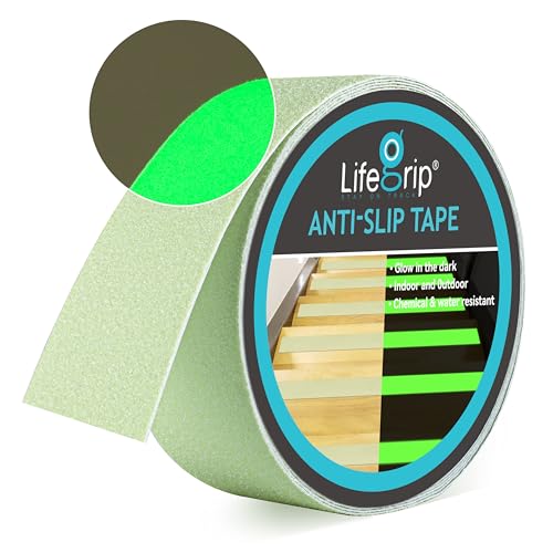 LifeGrip Anti Slip Traction Tape with Glow in Dark Green, 2 Inch x 38 Feet - Best Grip, Friction, Abrasive Adhesive for Stairs, Tread Step, Indoor and Outdoor, Luminous Green (2 inch X 38 feet)