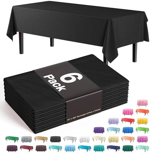 Party Solids 6-Pack Premium Plastic Tablecloth 54in. x 108in. Rectangle Plastic Table Cover - Black