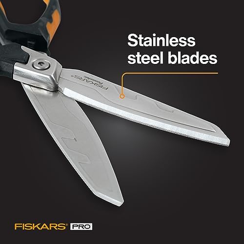Fiskars Pro PowerArc Shop Shears, Heavy Duty Stainless Steel Scissor, Industrial Grade Tool for Building and Construction, 10 in, Orange/Black