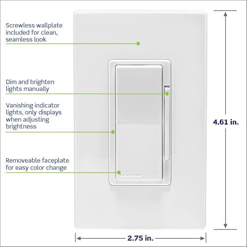 Leviton Decora Smart Dimmer Switch, Wi-Fi 2nd Gen, Neutral Wire Required, Works with Matter, My Leviton, Alexa, Google Assistant, Apple Home/Siri & Wired or Wire-Free 3-Way, D26HD-1RW, White