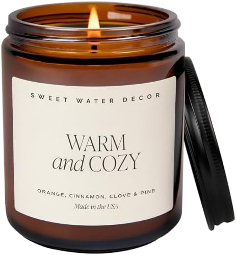 Sweet Water Decor Warm and Cozy Soy Candle - Orange Peel, Cinnamon, Ginger and Clove Scented Candles for Home - 9oz Amber Jar + Black Lid, 40+ Hour Burn Time, Made in The USA