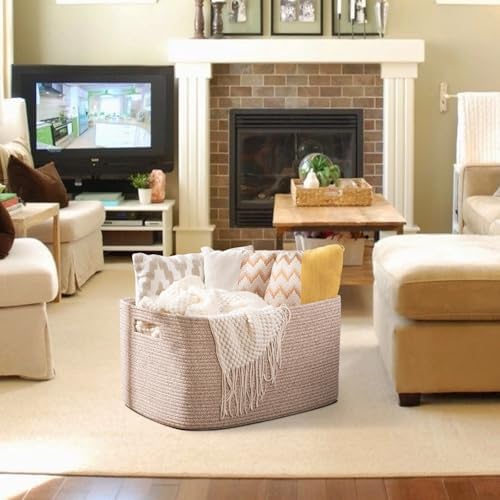 OIAHOMY 75L Large Blanket Basket, Woven Blanket Storage Basket with Handle, Cotton Rope Basket for Organizing 22”x17”x12”, Blanket Basket living Room, Toy Basket for Nursery, Brown variegated
