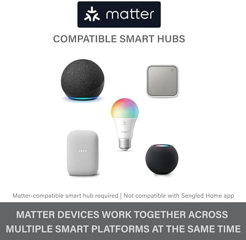 Sengled LED Smart Light Bulb (A19), Matter-Enabled, Multicolor, Works with Alexa, 60W Equivalent, 800LM, Instant Pairing, 2.4 GHz, Wi-Fi, 1-Pack