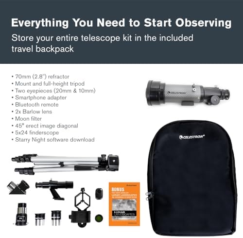 Celestron Travel Scope 70DX Portable Refractor Telescope – 70mm Aperture, Fully-Coated Glass Optics – Includes Bonus Phone Adapter, Backpack & More – Ideal for Beginners & Travel