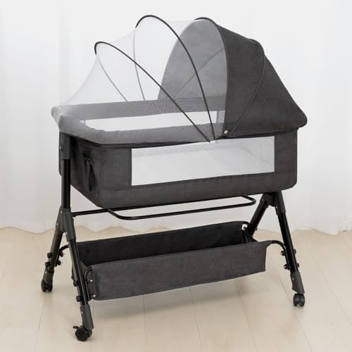 Baby Bassinet, Bedside Bassinet for Baby, 3 in 1 Bassinet Bedside Sleeper with Wheels, Mosquito Net, Adjustable Easy Folding Portable Bed for Infant Newborn (Dark Grey)