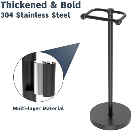 Toilet Paper Holder Stand, Modern Bathroom Free Standing Toilet Paper Roll Holder, Stainless Steel Tissue Rack, Rust-Proof & Heavy Stable Base (Matte Black)