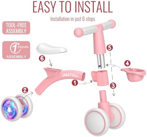 Umatoll Colorful Lighting Baby Balance Bike Toys for 1 Year Old Girls Gifts, Adjustable Seat, 1st Birthday Gifts, 12-24 Months Toddler Bike, Pink