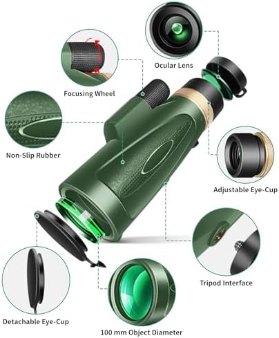 Monocular Telescope 80x100 High Power with Smartphone Adapter Tripod,Larger Vision Monoculars for Adults with BAK4 Prism & FMC Lens, Suitable for Bird Watching Hunting Hiking Camping Wildlife-Green