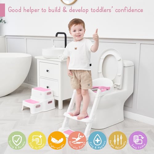 Forbena Potty Training Toilet Seat with Step Stool Ladder, Toddler Kids Potty Seat for Girls, Non Slip Foldable Toilet Training Seat with Soft Cushion, Comfortable Handles (White-Pink)